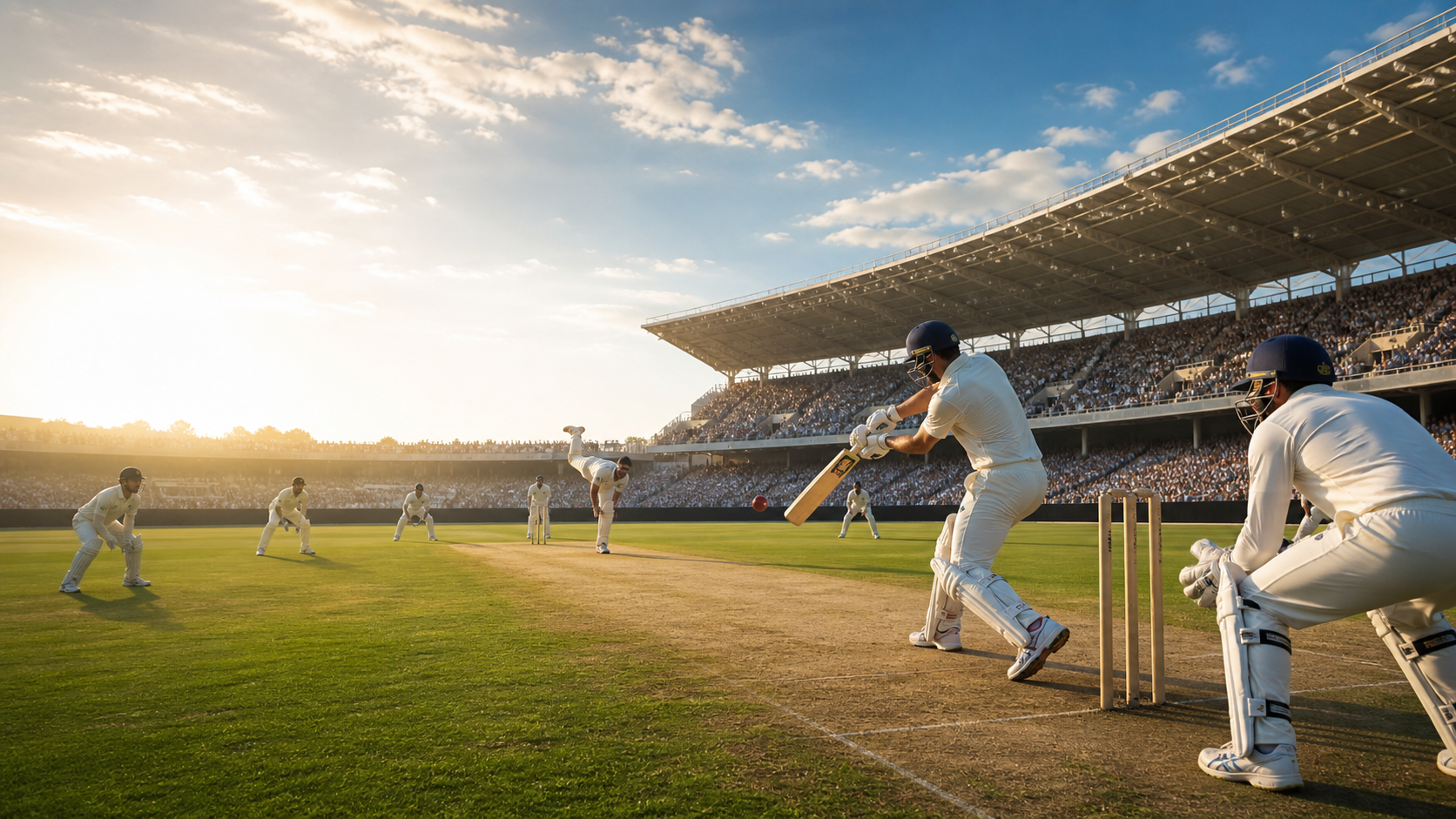 Generated cricket batter and bowler in a large stadium
